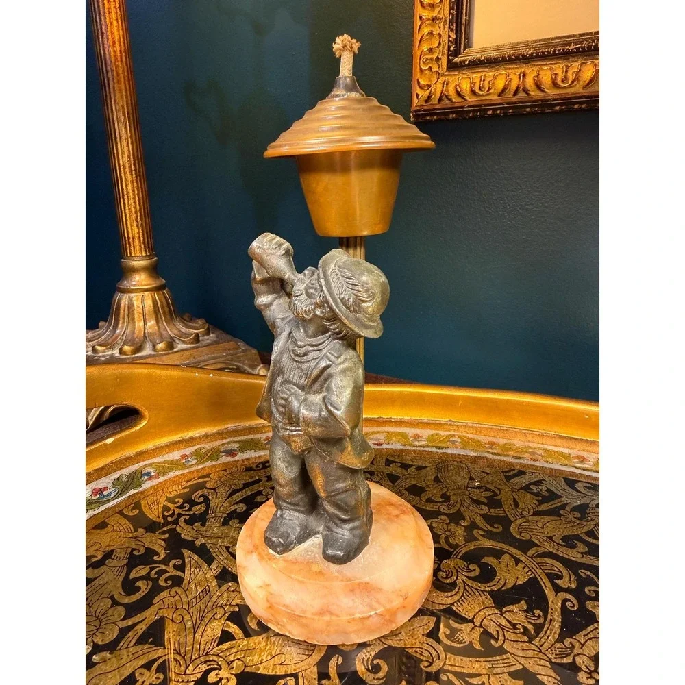 Vintage‎ 1940s Figural Oil Lamp | Drinking Man on Onyx Base | Brass Reservoir